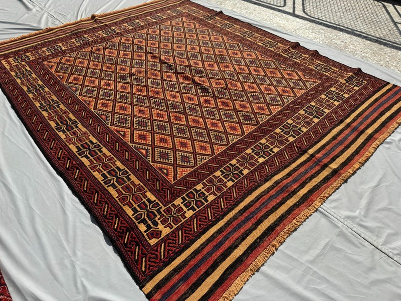 7x9 ft Afghan Handwoven Vintage Wool Kilim Rug Geometric Muted Terracotta Carpet gallery