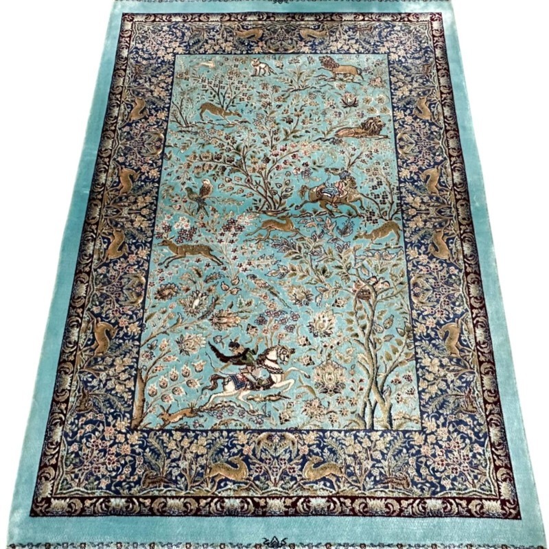 Persian Style Silk Rug Hunting Scene Design 88x60 cm Luxurious Decorative Accent gallery