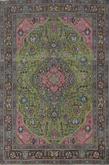 Green Geometric Wool Traditional Over-Dyed Handmade Dining Room Area Rug 6×9