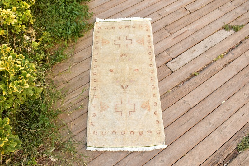 Vintage Rug 18''x41'' Small Carpet Doormat Hand Knotted Muted Color 46x105cm gallery
