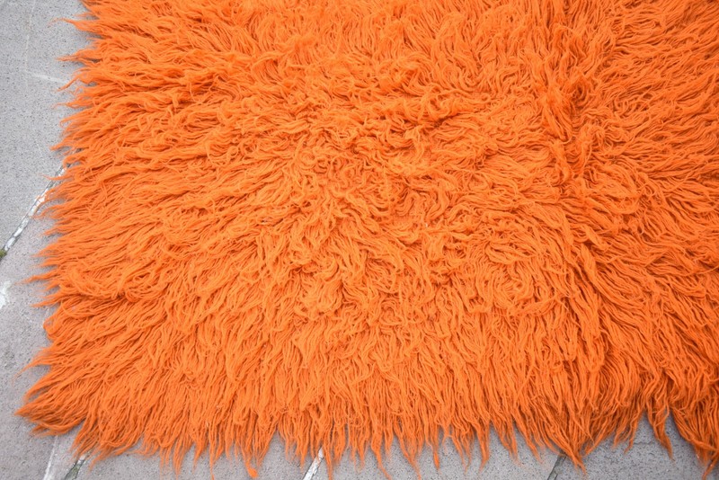Vintage Turkish Shaggy Rug 62'' x 87'' Anatolian Long Pile Tulu Orange Wool Rug gallery