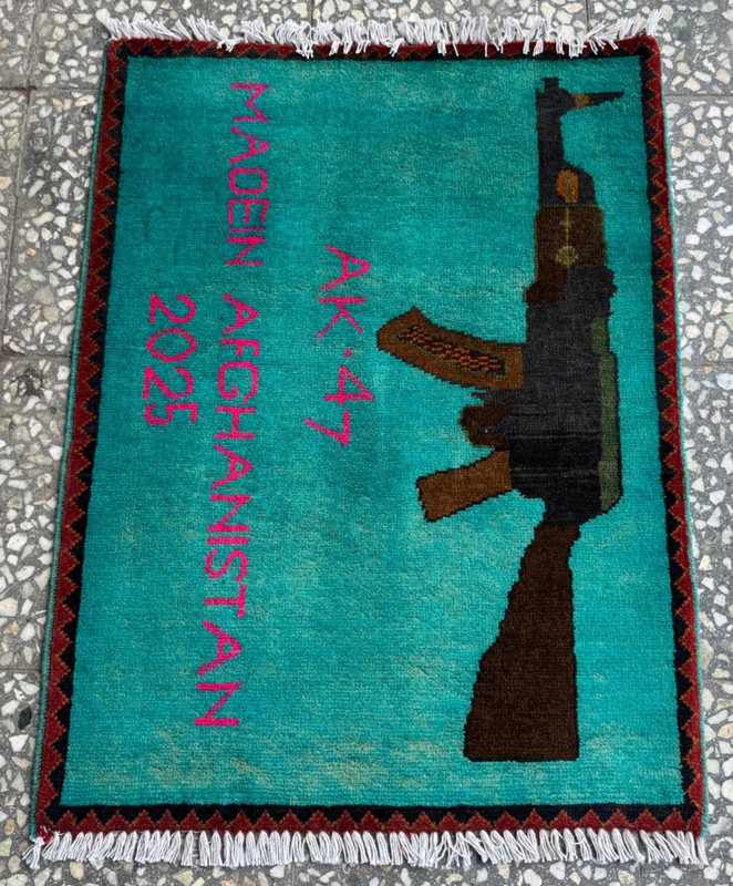 2x3 Afghan Hand Knotted War Rug AK-47 Teal Wool Carpet New gallery