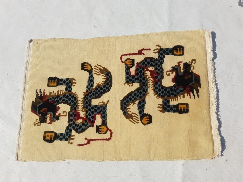 Vintage Handmade Chinese Tibetan Double Dragon Art Deco Wool Rug 89x63 cm gallery