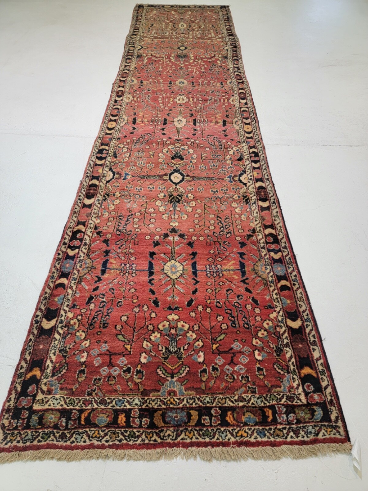 Antique Oriental Hand-Knotted Wool Runner Red/Ivory/Navy Blue/Blue 3'11" x 16'11 gallery