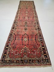 Antique Oriental Hand-Knotted Wool Runner Red/Ivory/Navy Blue/Blue 3’11” x 16’11