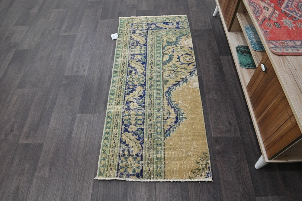 Vintage Turkish Runner Rug 2x5ft BEIGE Handmade Anatolian Oushak Hallway Wool