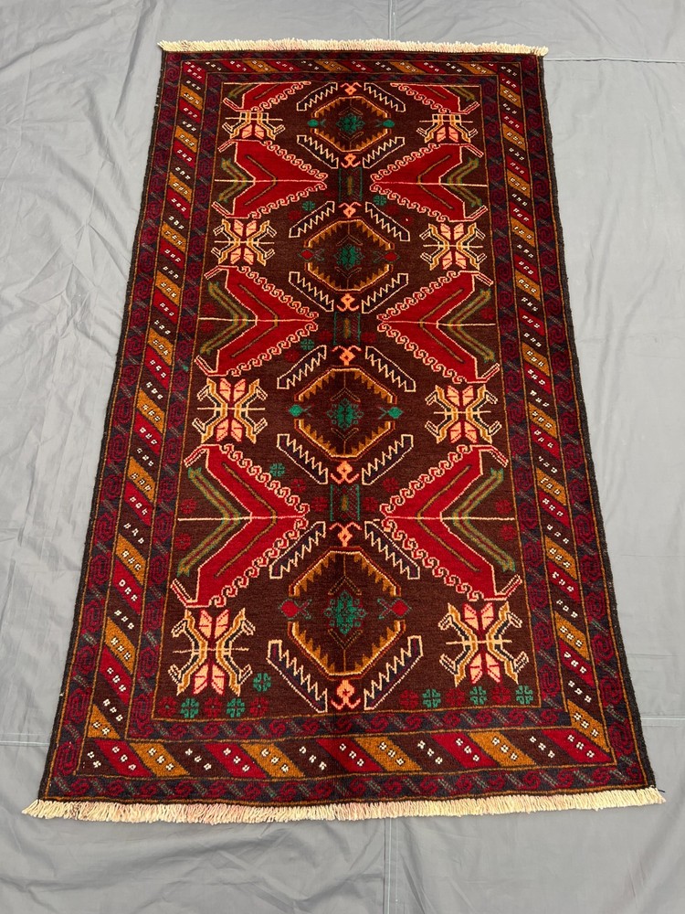 3'5x6'5 ft Vintage Baluchi Nomadic Geometric Hand Knotted Wool Area Rug