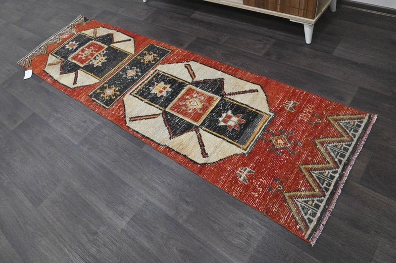 Vintage Turkish Runner Rug 2x7ft RED Handmade Anatolian Oushak Hallway Wool gallery