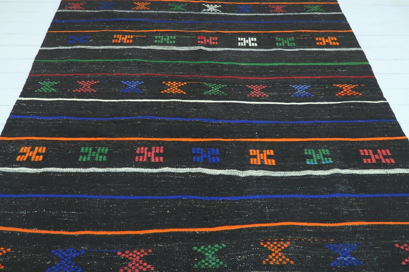 Black Striped Vintage Turkish Kelim, Handwoven Tirbal Large Carpet Rug 79"x111" gallery