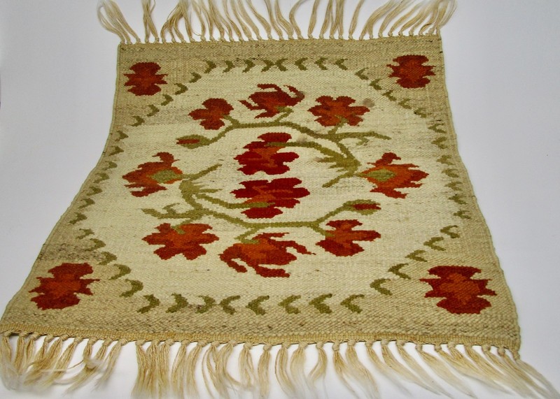 Vintage woven rug red orange floral tribal Kilim style small wall square 19" gallery