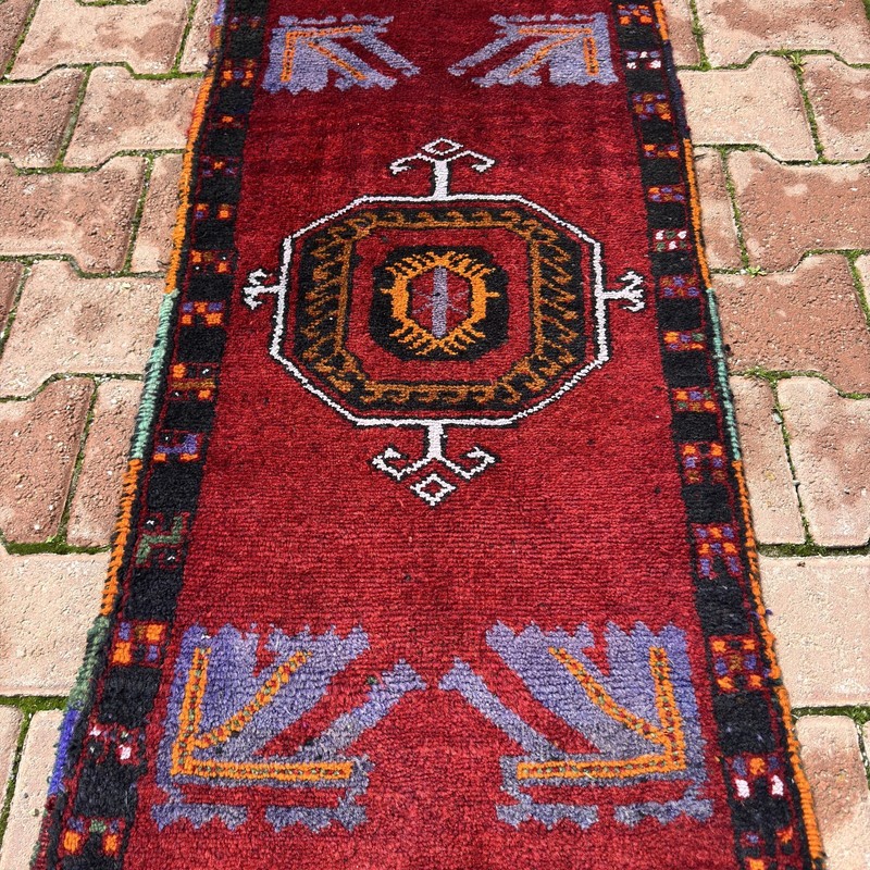 2x4 Ruby Red Black Lavender Turkish Vintage Wool Handmade Rug - Tariff Free gallery
