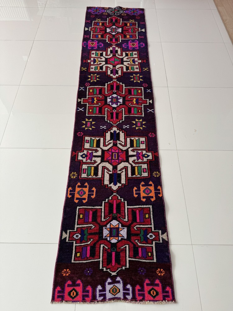 Vintage Handmade Wool Bohemian Oushak Runner Rug, 2x9 Ft Turkish Colorful Carpet