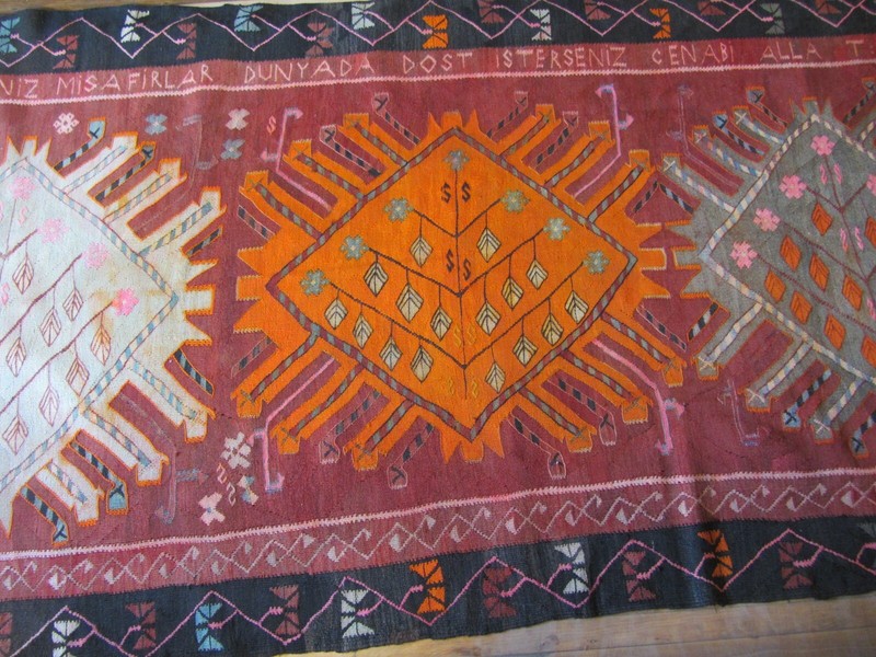 Turkish Kilim Rug Large 5'3" x 11' Woven Text Dated 1967 Banquet? Yoruk? Rare gallery