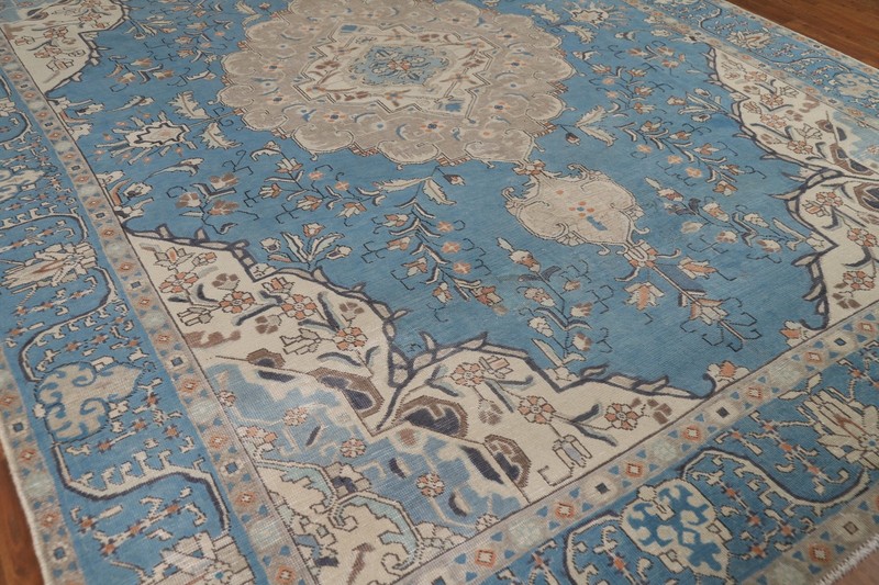 Blue Room Size Area Rug 9x13 Over-Dyed Wool Handmade Floral Classic Carpet gallery