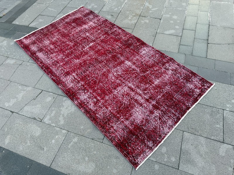 Overdyed Burgundy Wool Carpet 3.6x7.1 Ft Handmade Vintage Turkish Rug gallery