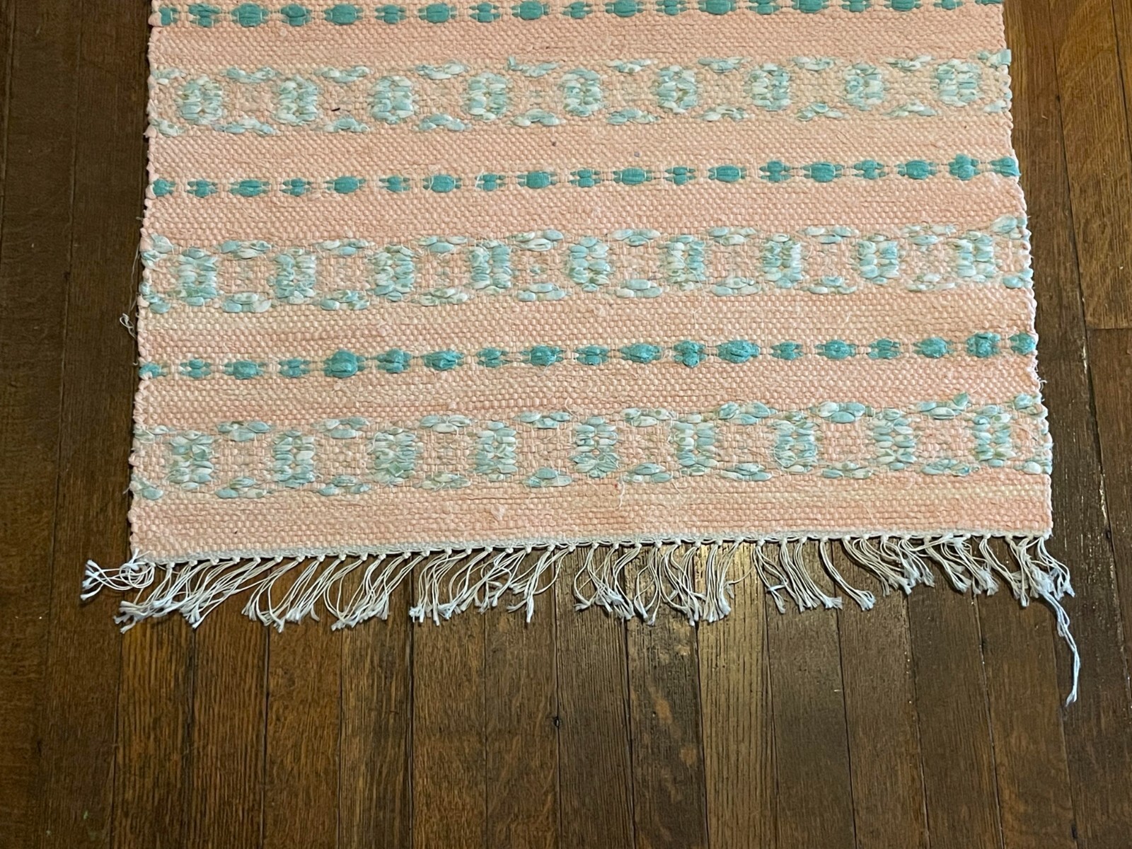 Nice Antique Swedish Hand Made Rag Rug (26x52 inches) 1930s gallery