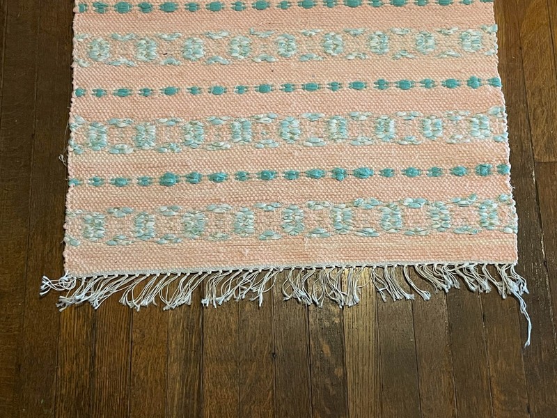 Nice Antique Swedish Hand Made Rag Rug (26x52 inches) 1930s gallery