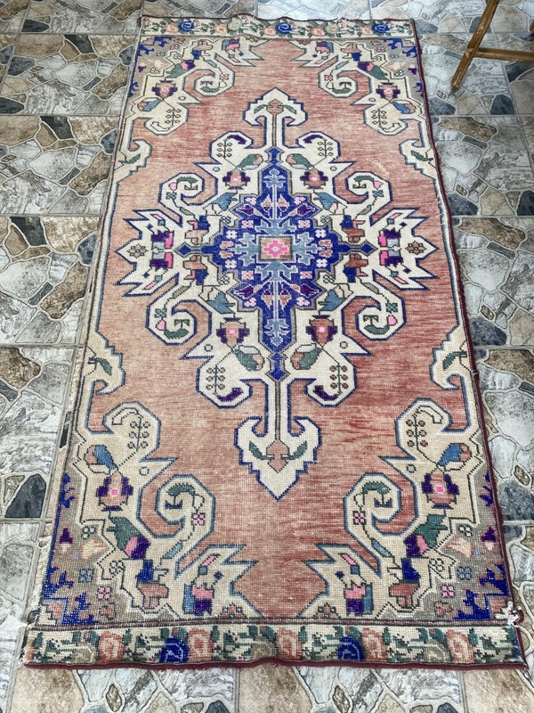 3x7 ft Vintage Turkish Area Rug Red Blue Oriental Anatolian Medallion Floral Rug gallery