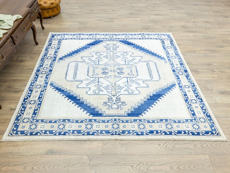 6.9x6.5 ft Oushak Square Rug, Vintage Style Turkish Handknotted Wool Area Carpet gallery