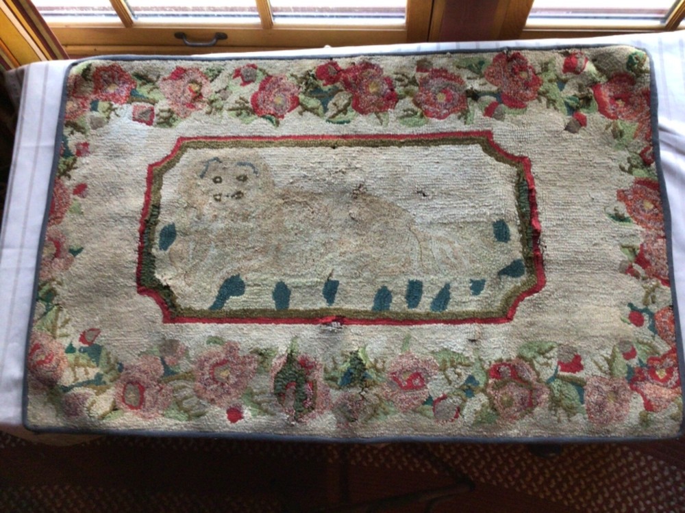 Wonderful Antique American Hooked Rug With Dog w/Lots of repair possibly Frost