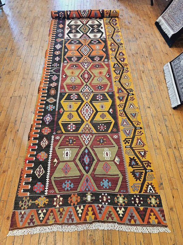 Dated 1977 Vintage Natural Dye Wool, Flat-Woven Kilim Runner 3'3" X 15'4" gallery