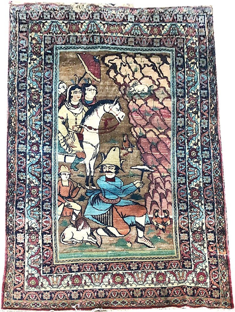 Antique Pictorial Shirin & Farhad Love Story Lavar Kirman Rug