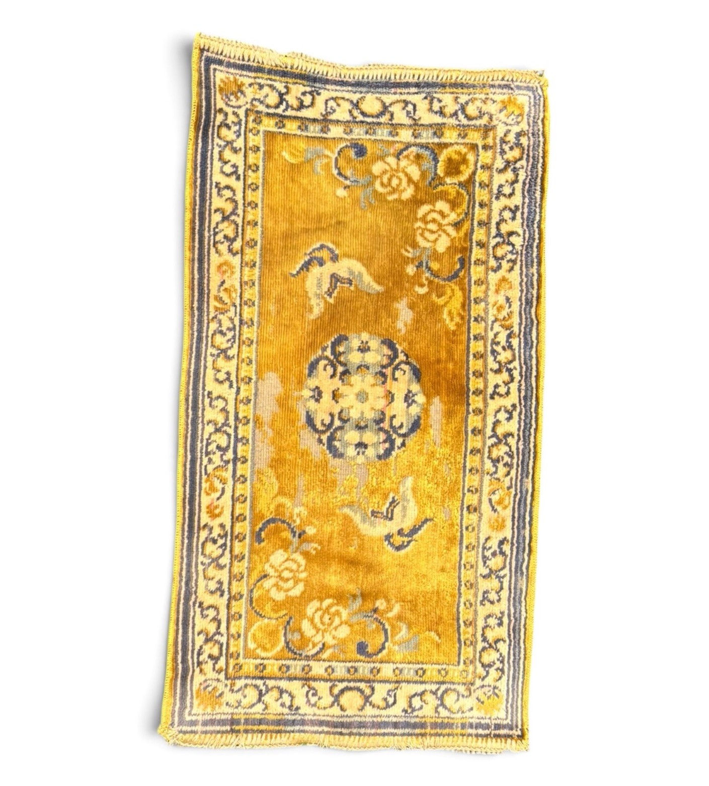 Vintage Chinese Art Deco Mini Velvet Tapestry Rug Mat Gold Blue Birds Medallion gallery