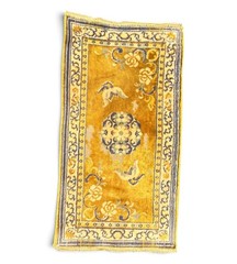 Vintage Chinese Art Deco Mini Velvet Tapestry Rug Mat Gold Blue Birds Medallion