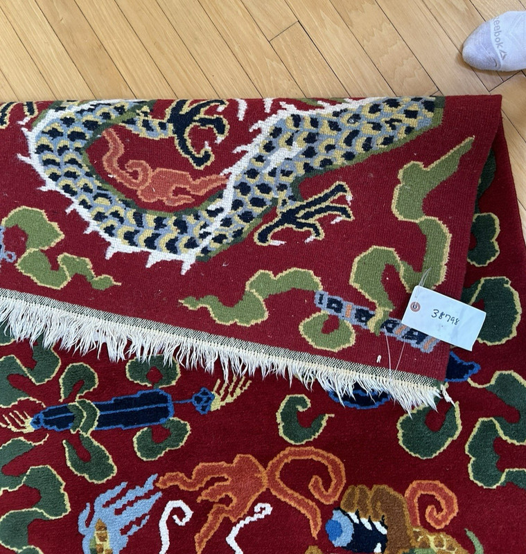 Gorgeous Vintage Antique Tibetan Double Dragon Hand Knotted Rug Wool gallery
