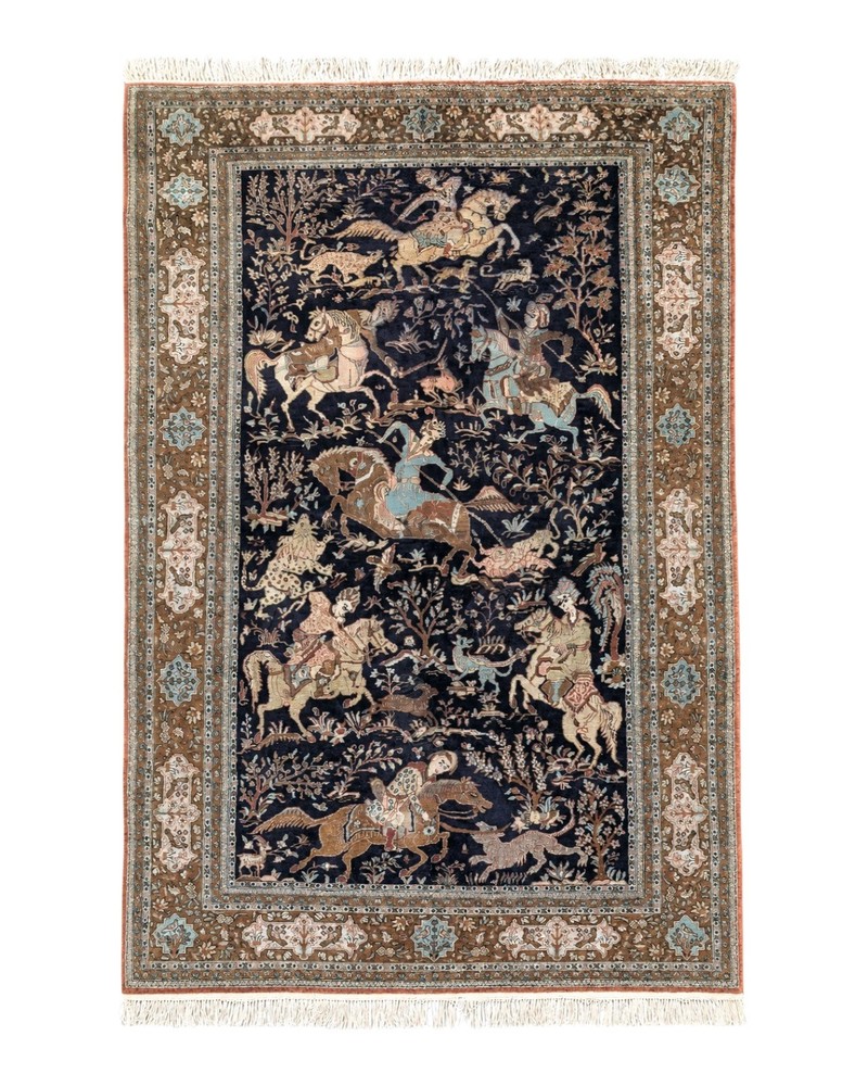 Silk Per'sian Rug 4' 6" x 7' 6", Hunting Design, Riders & Horses, Fine 530 KPSI