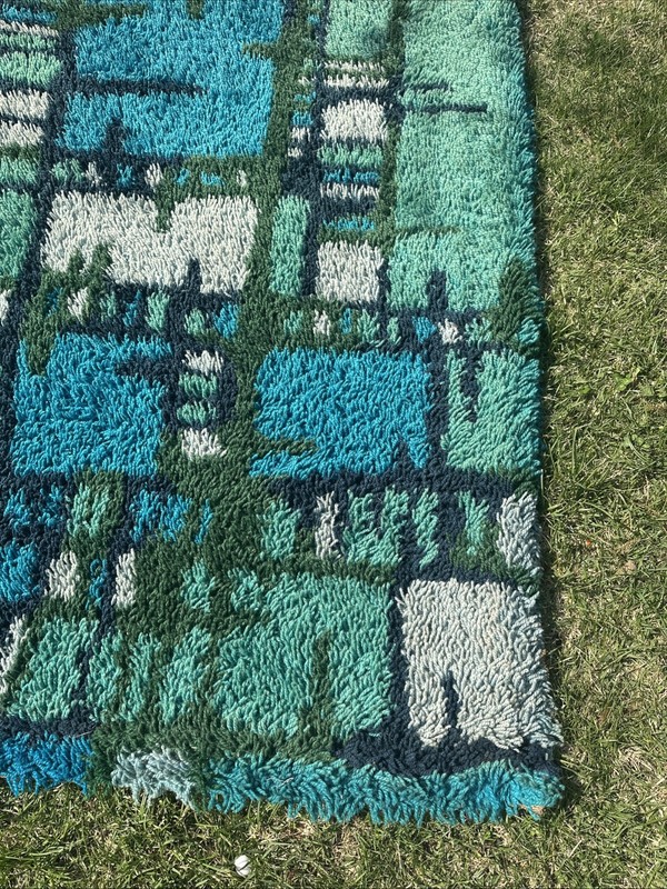 VTG 1960’s DANISH Rya Abstract Area Rug 6’x4’ Green Blue Mondrian Design Shag gallery