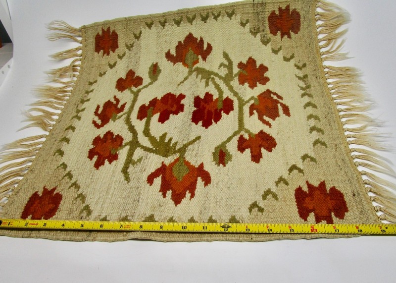 Vintage woven rug red orange floral tribal Kilim style small wall square 19" gallery