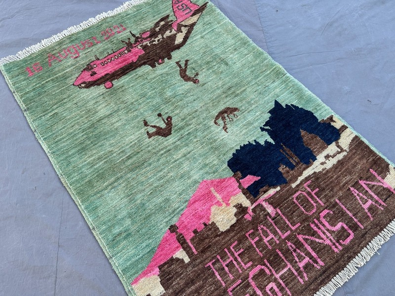 2'7x3'9 Afghan War Rug Hand Knotted Wool Tribal Oushak Boho Military Art Carpet gallery