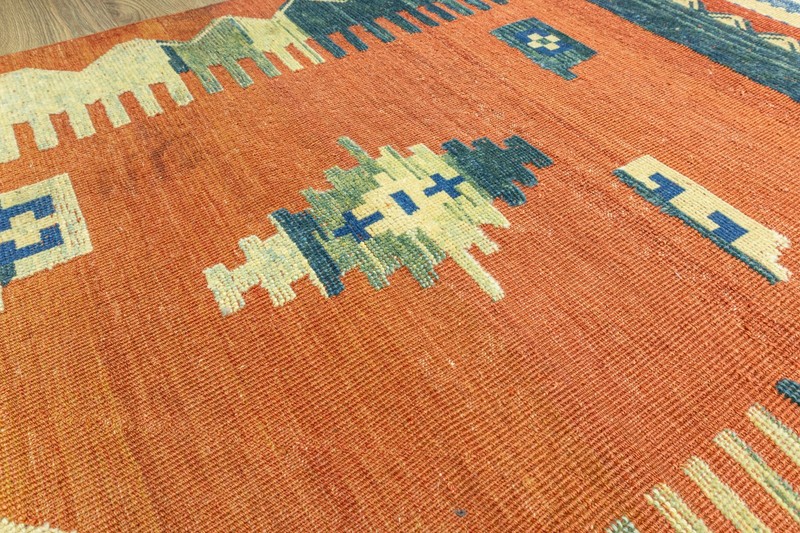 Living Room Rug 4x5 ft Turkish Oushak – Terracotta Teal Geometric Flatweave gallery