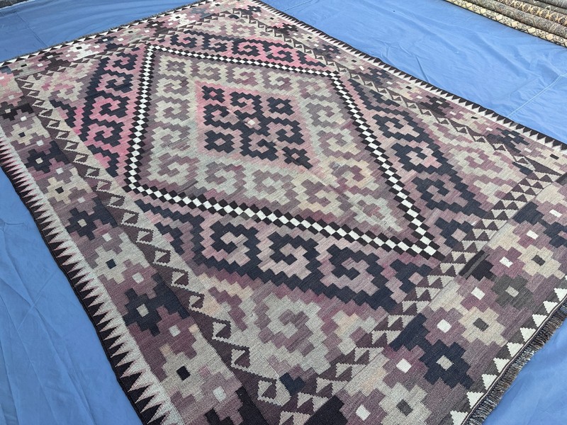 Vintage Afghan Kilim Rug, 7x10 Turkish Faded Geometric Tribal Bedroom Area Rug gallery