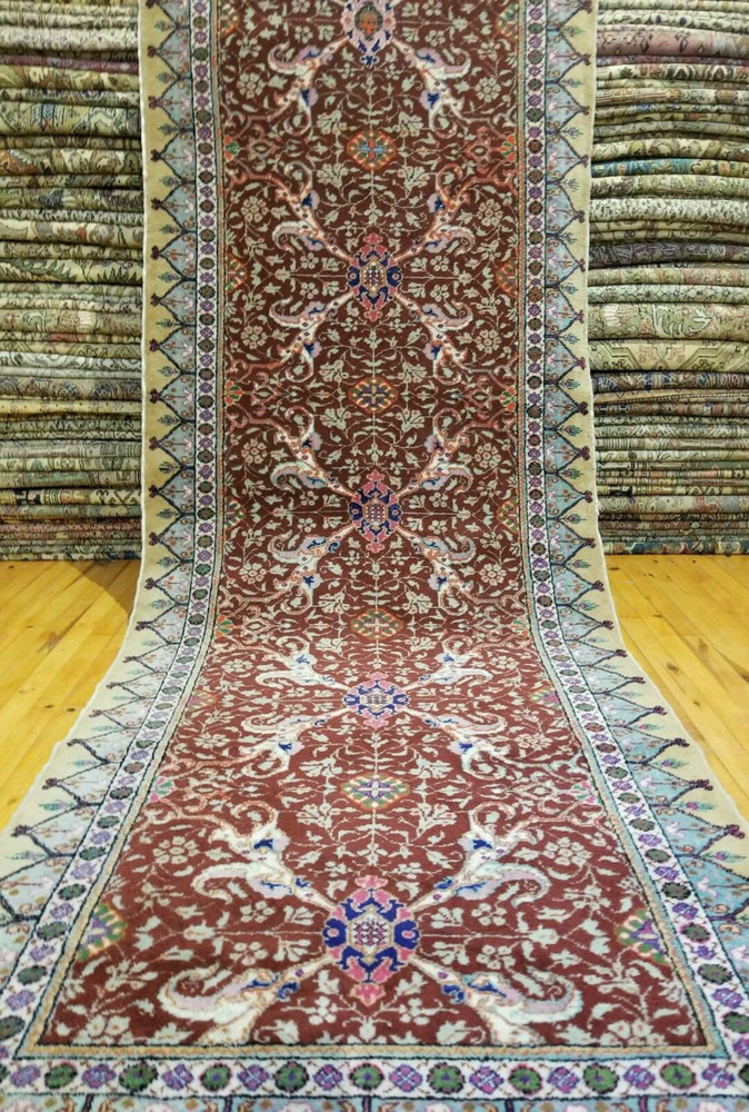 Vegy Dyes Cr1930-1939s Antique Wool Pile Floral Hereke Runner Rug 3’4”x 10’