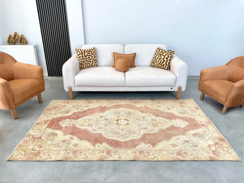 4.7'x8.5' Vintage Turkish Oushak Rug, Area Rug, Red Beige Rug, Handmade Wool Rug gallery