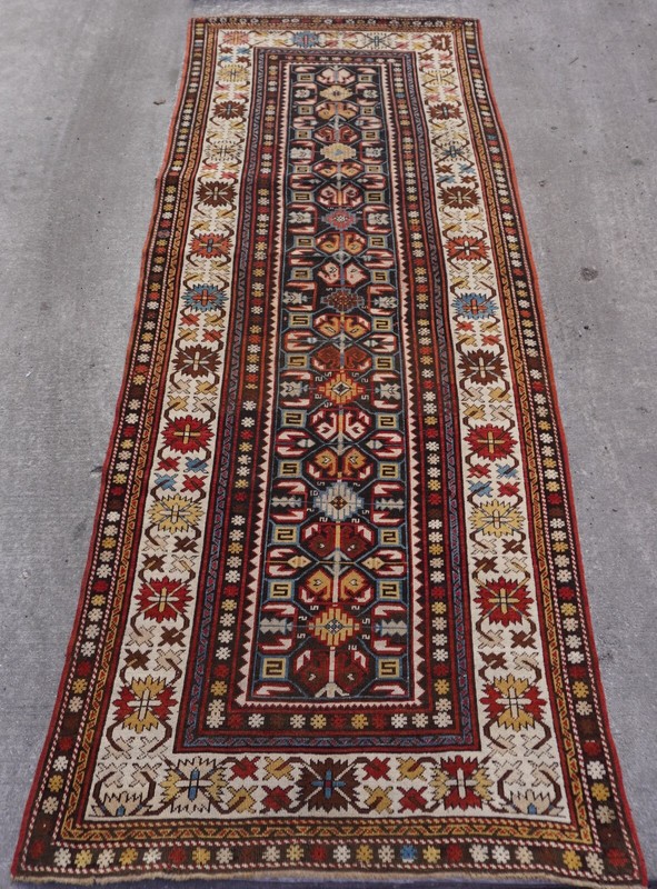 Phenomenal 1880sAntique Caucasian Gendje Hand-Knotted Wool Runner Rug 3'8" x 9' gallery