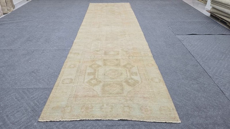 Neutral Turkish Runner Rug 4x12 Vintage Oushak Cream Brown Blush Beige Runner gallery