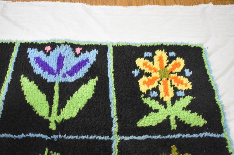 Vintage 1970’s HANDMADE Floral Shag Latch Hooked RUG 36” x 25” Heirloom Gift gallery