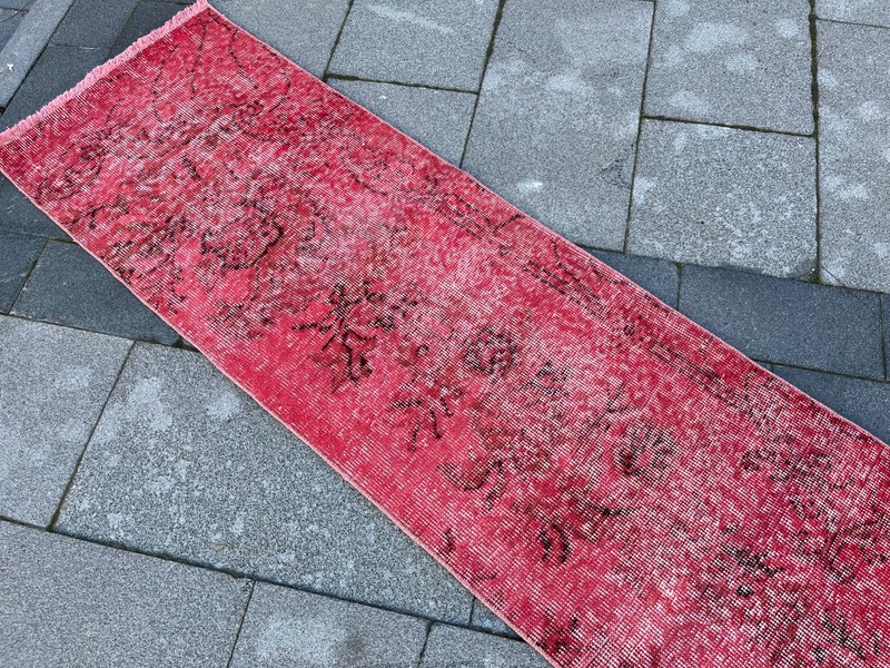Overdyed 1.7x9.2 ft Vintage Turkish Runner Rug – Red Distressed Hallway gallery