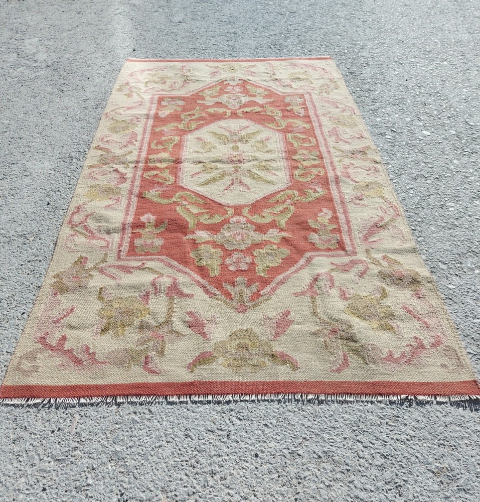 Handmade Wool Tribal Beige Rug 3x5 Scandinavian Carpet Rug Vintage American Rug