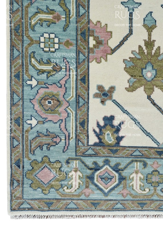 Oushak-Style Floral Geometric Rug – Blue & Pink Accents 8x10 ft gallery