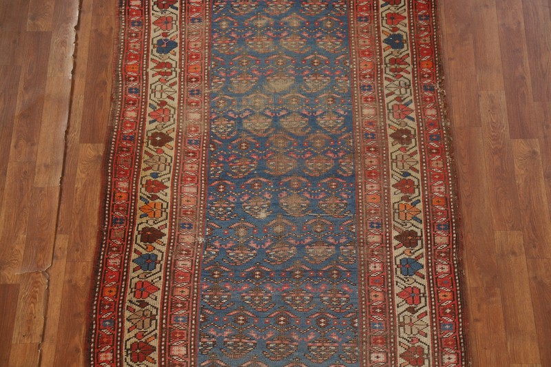 Pre-1900 Handmade Rug Blue Wool Vegetable Dye Heriiz Bakhshayesh Runner Rug 3x15 gallery