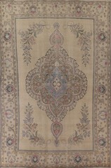 Hand-Knotted Beige Distressed Geometric Rug 10×13 Ft Oriental Vintage Wool Rug
