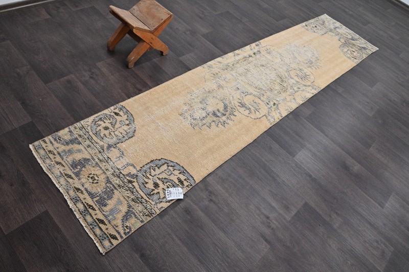 Vintage Turkish Runner Rug 2x10ft Wool Anatolian Handmade Hallway Oushak BEIGE gallery
