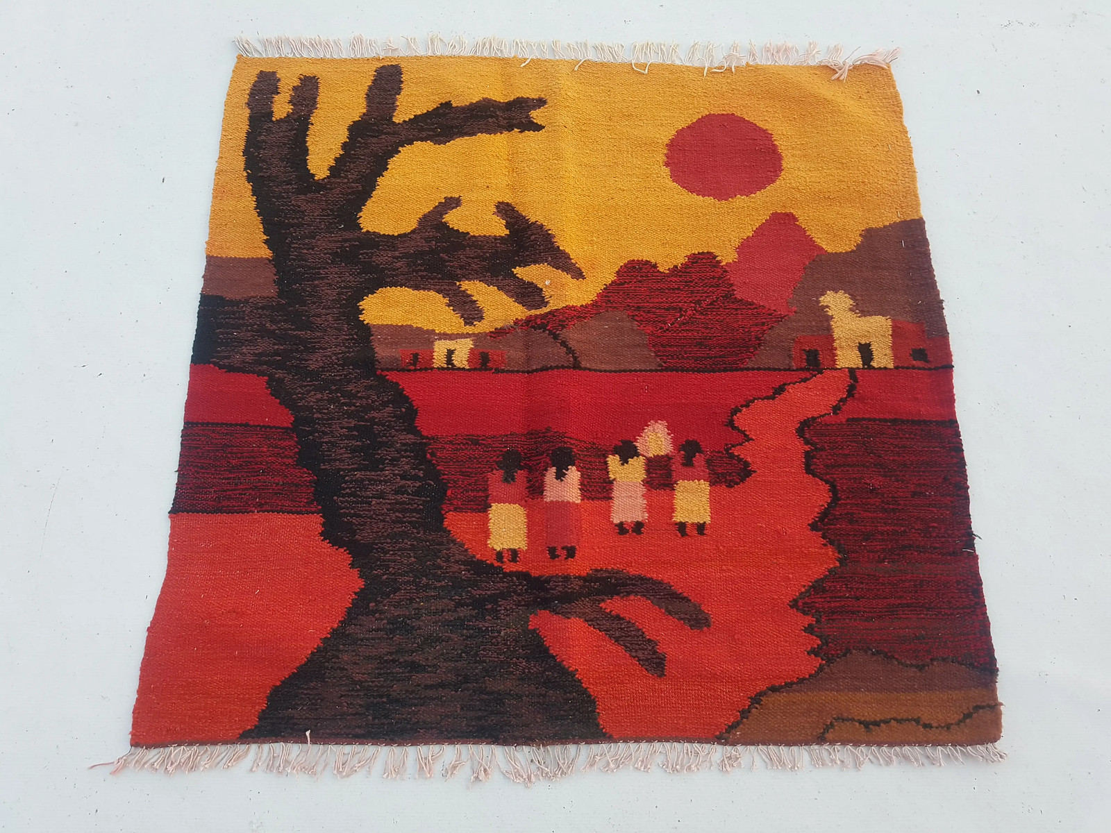 Vintage Traditional Handmade Ecuadorian Wool Orange Tapestry Kilim 3.4x3.2ft gallery