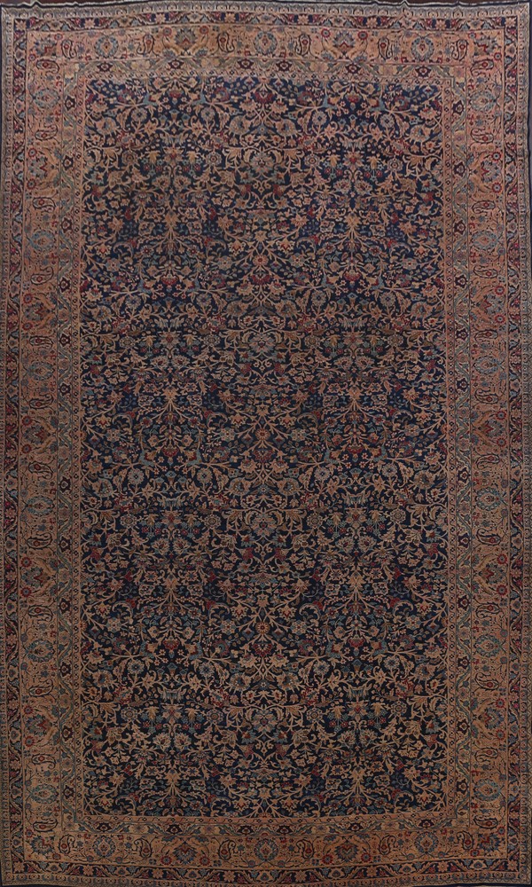 Pre-1900 Kirman Navy Blue Wool Hand-knotted Palace Size Antique Rug 12x21 Carpet