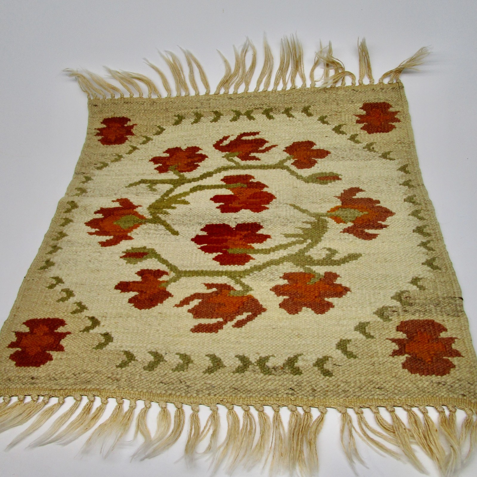 Vintage woven rug red orange floral tribal Kilim style small wall square 19" gallery