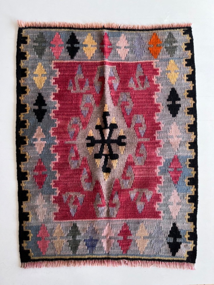 Vintage Turkish Kilim Rug 2x3 ft Handwoven Wool Boho Tribal Home Decor 85x64cm
